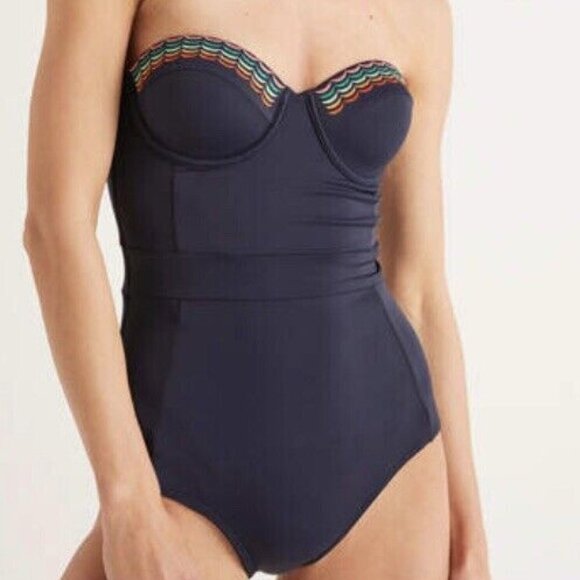 Boden Samos Embroidered Underwire One Piece Swimsuit Removable Strap Blue - Picture 2 of 12